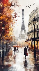 Parisian autumn rain scene with Eiffel Tower