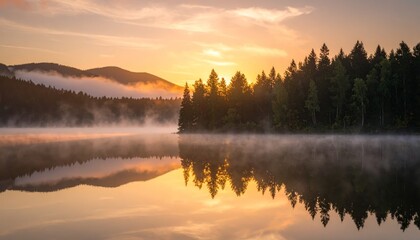 Fototapeta premium Serene alpine landscape featuring a crystalclear lake reflecting the majestic mountain and lush evergreen forest under beautiful blue sky.