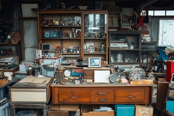 Cluttered antique shop interior, filled with vintage items on shelves and tables