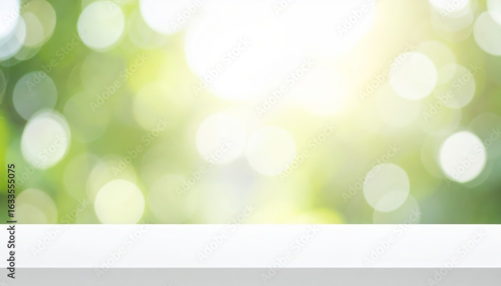 Poster a clean white empty table surface with beautiful blurred green natural background for product displa