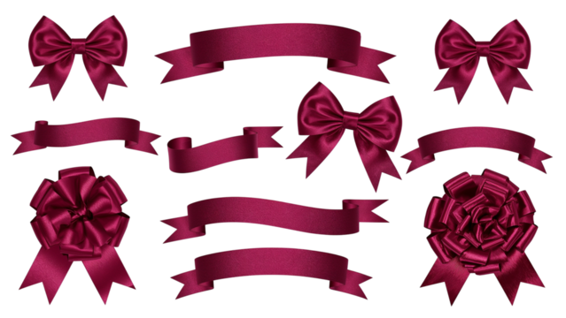 Elegant maroon ribbons and bows for luxurious gift wrapping, festive decorations and promotional designs that add a touch of sophistication