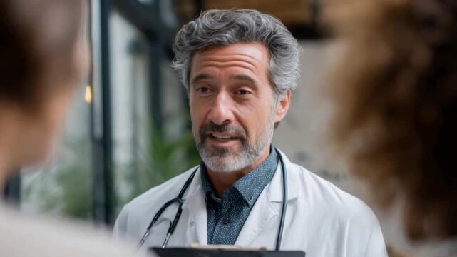 Doctor's Consultation: A close-up shot of a doctor in a crisp white coat engaged in a heartfelt consultation. With a stethoscope draped around his neck, he appears to be offering insightful advice.