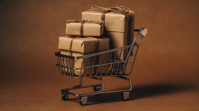 Shopping cart filled with stacked brown paper wrapped packages against a brown background.