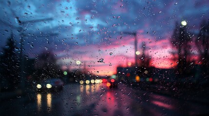 Rain-streaked city view through a car window at sunset