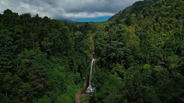 Top-down aerial shot of Gitgit Waterfall in Bali, fully visible amidst dense green foliage, tropical trees, flowing water, with a clear blue sky and clouds enhancing the natural beauty.