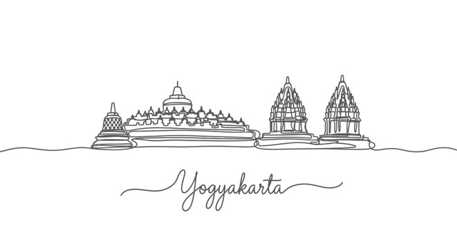 Yogyakarta skyline with Indonesia Single line art.