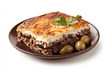 Moussaka Slice with Olives and Parsley
