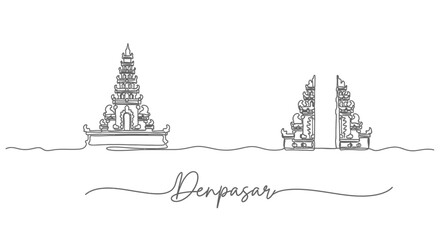 Denpasar Bali Skyline with Line Art, and Travel Landmark.