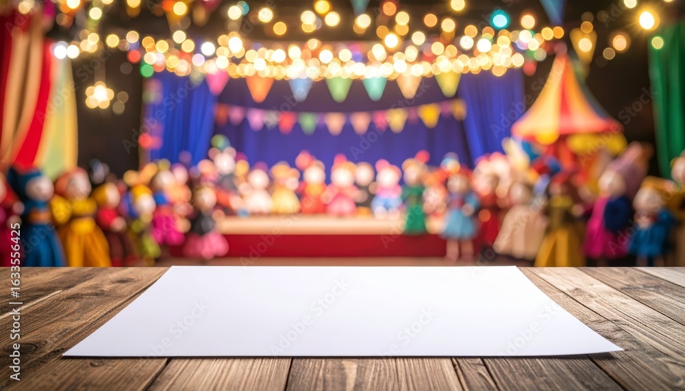 Poster a blank sheet of white paper on dark wooden desk provides clean empty canvas, with backdrop of warm 