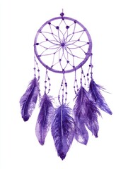 Purple Watercolor Dreamcatcher with Feathers on White Background