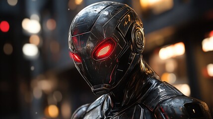 Metallic robot with glowing red eyes against blurry urban backdrop