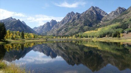 Calm lake reflecting autumnal mountains.