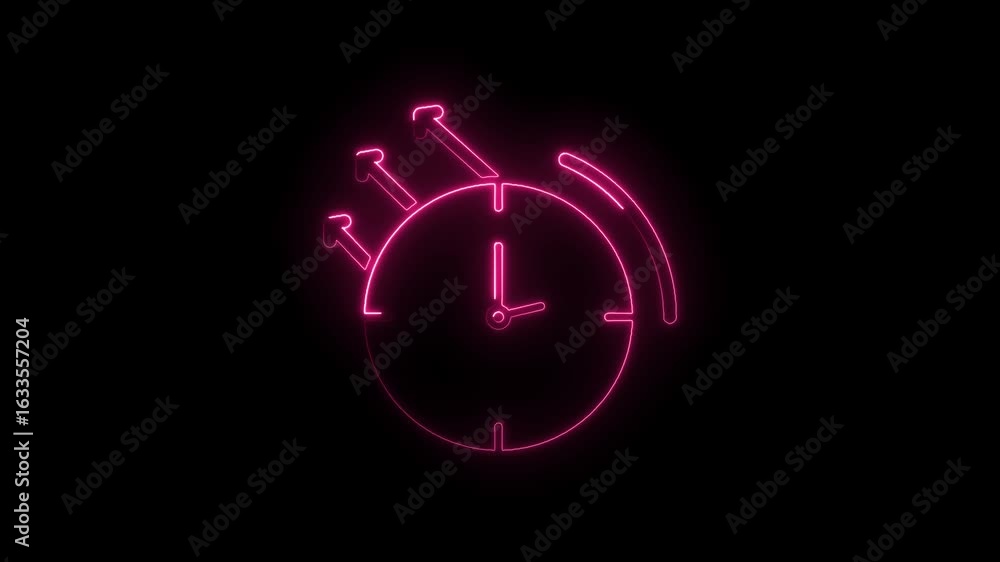 Poster glowing pink neon clock icon with arrows indicating speed and progress on a black background represe