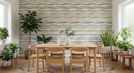 Bright dining room with a wooden table and chairs, decorated with plants and a textured wall.