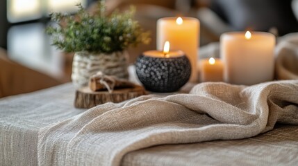 Soft beige linen tablecloth draped over a table, adorned with candles and a small plant