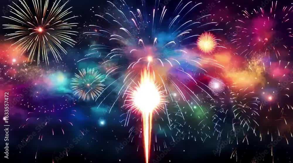 Poster night sky filled with spectacular fireworks in array of colors and patterns celebrating special even