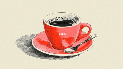 Hand-drawn Red Coffee Cup and Saucer Illustration:  Perfect for Cafe Menu, Coffee Shop Branding, or Breakfast Design