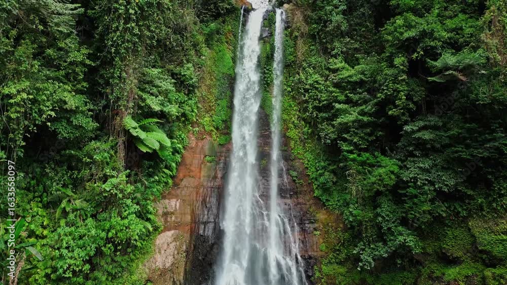 Poster closer drone view of gitgit waterfall in bali, pouring down between dense green trees and tropical v