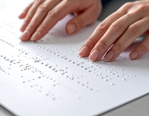 Hands Reading Braille on White Paper