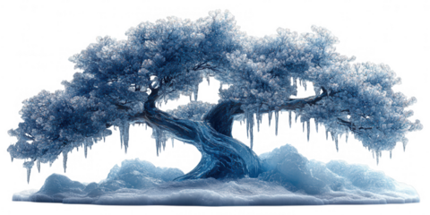 A surreal winter scene featuring a gnarled ancient bonsai tree completely encased in ice and icicles standing majestically on a frozen landscape isolated on transparent background