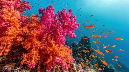 Vibrant coral reef teeming with fish in a vibrant underwater scene.