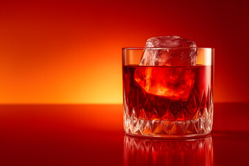 Cold Drink with Ice Cube on Vivid Red Background for Bold and Refreshing Beverage Concept