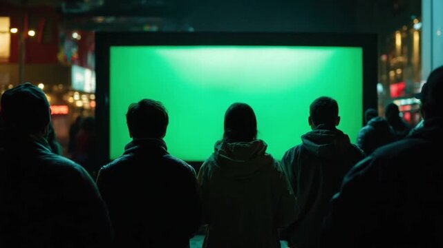City Scene: A group of silhouettes gazes upon a massive green screen, its empty canvas offering limitless possibilities against the backdrop of a bustling cityscape.