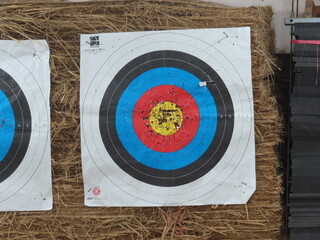 A round target paper that has been shot to pieces
