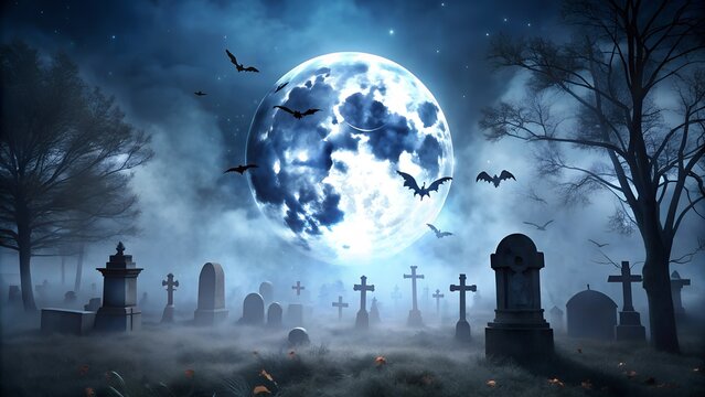 A spooky graveyard scene with tombstones and bats flying around under a full moon on halloween night