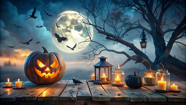 A spooky halloween night scene with a glowing jack olantern, candles, and bats flying in the moonlight