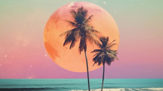 Surreal video concept with a low-angle view of palm trees against a giant, colorful moon and pastel sky, blending nature and fantasy in a dreamy style. Live desktop wallpaper.