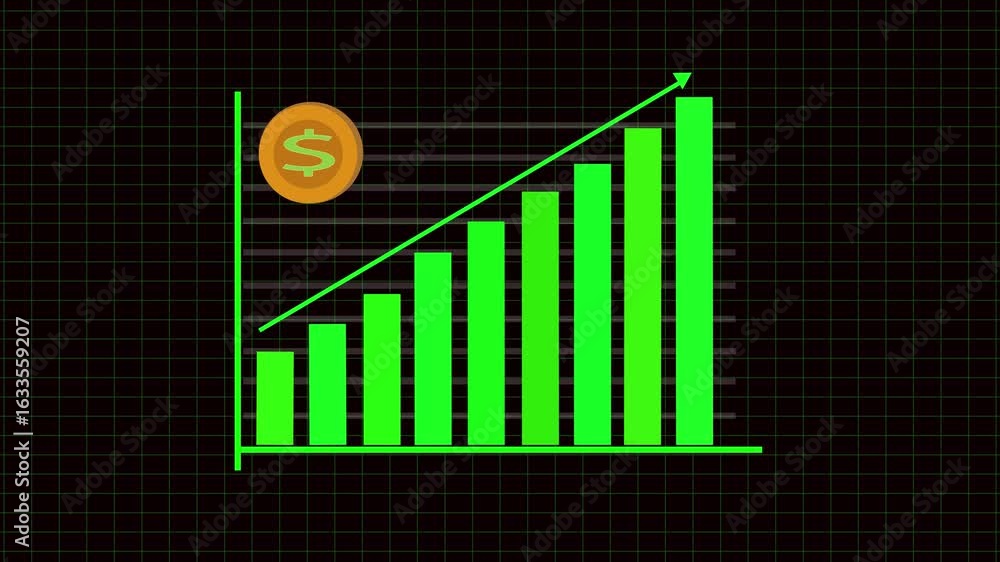 Poster green bar chart animation on black background. economic success development upward trend visual. fin