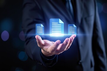 Man Holding Holographic Documents - Business Technology Concept
