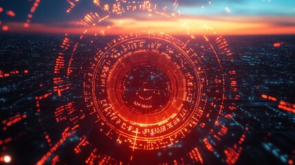 Futuristic Digital Data Visualization with Bright Orange and Blue Lights Over Cityscape