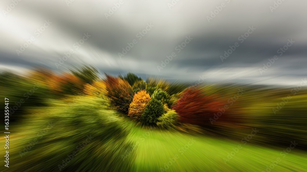 Poster autumnal landscape with a dynamic motion blur effect.