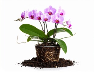 Potted Purple Orchid Plant with Exposed Roots and Soil Isolated on White Background