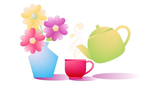 Colorful Gradient Motion graphic of beautiful flowers vase, tea pot, and cup for enjoying free time with a Cozy English tea break during holiday