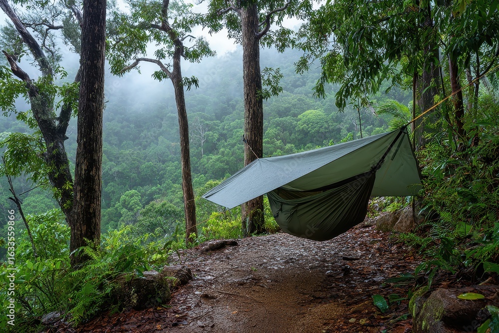 Poster hammock gently swaying between two trees in a lush forest with a rainy backdrop and vibrant greenery