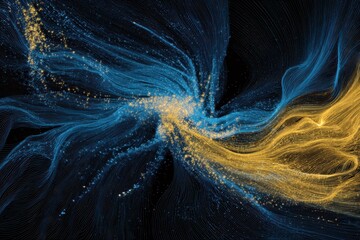 Colorful electric field lines in blue and yellow create a dynamic visual representation of electromagnetic phenomena