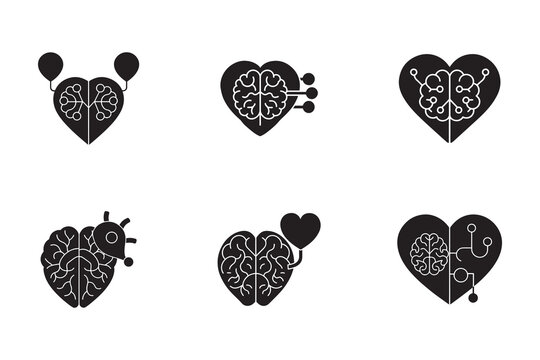 Conceptual Brain and Heart Combination Icons Depicting Intelligence Emotions and Technological Integration for Healthcare and Education Applications
