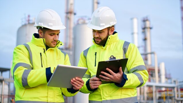 Refinery Workers Reviewing Data on Tablet - Industrial Inspection and Maintenance