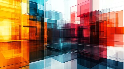 Abstract Colorful Geometric Pattern with Transparent Cubes in Red Orange Yellow Blue Shades