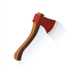 Red Headed Axe with Brown Wooden Handle on White Background