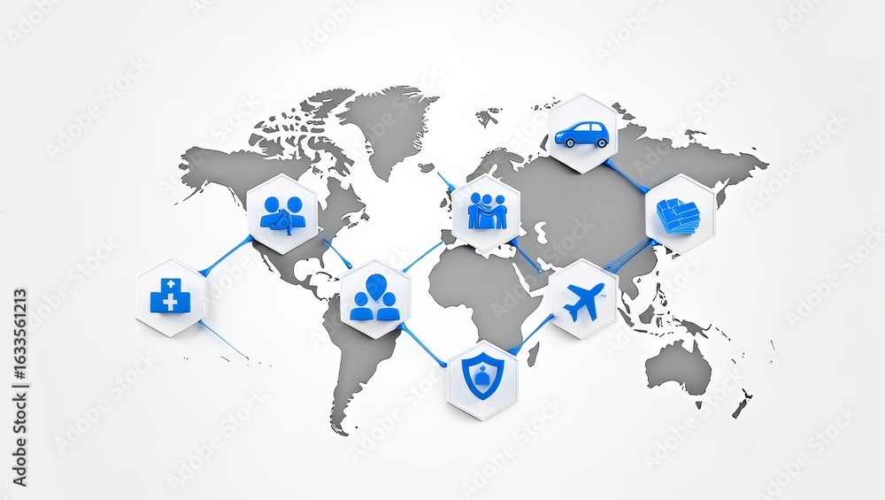 Poster global connections: abstract world map with icons representing services and people