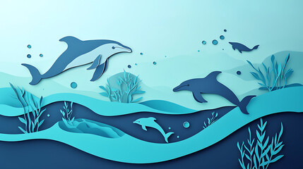 Obraz premium A serene underwater scene with a family of dolphins swimming in the ocean. Digital illustration in a modern paper-cut art style, showing marine life and aquatic harmony.