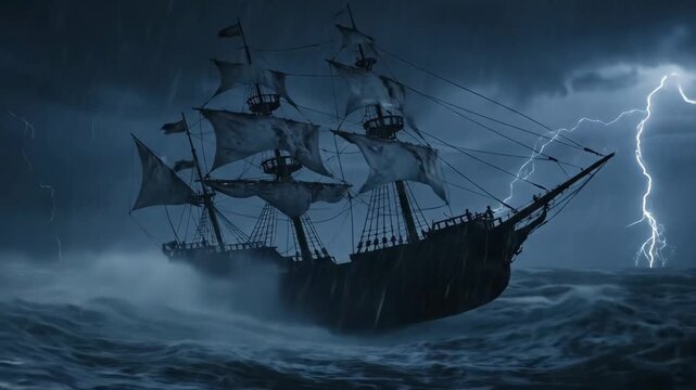 Wrath of the Sea: Pirate Galleon Caught in a Ferocious Electric Storm. pirate ship caught in a storm.
