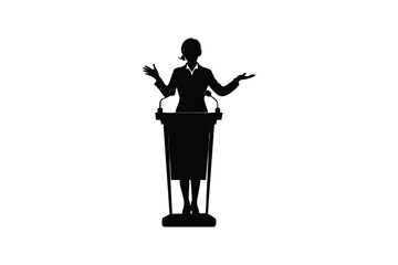 A confident female speaker stands behind a podium gesturing with open hands in a clear black silhouette against a white background representing public speaking and presentations silhouette
