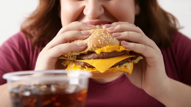 Burger craving: A captivating visual that centers around a woman engrossed in savoring a juicy, cheeseburger, highlighting both the pleasure and potential health implications
