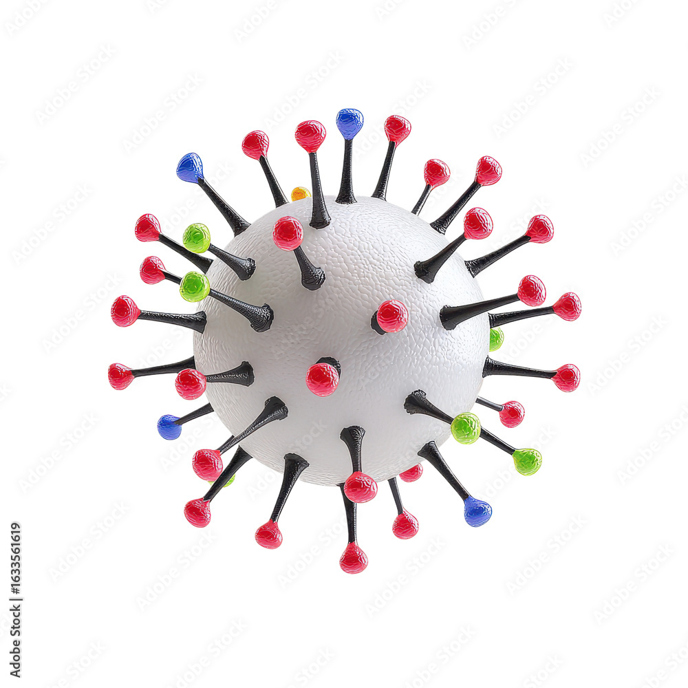 Poster microscopic representation of a virus with surface proteins. isolate on transparent background