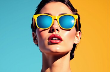Fototapeta premium Woman wearing yellow sunglasses with blue lenses against a colorful background